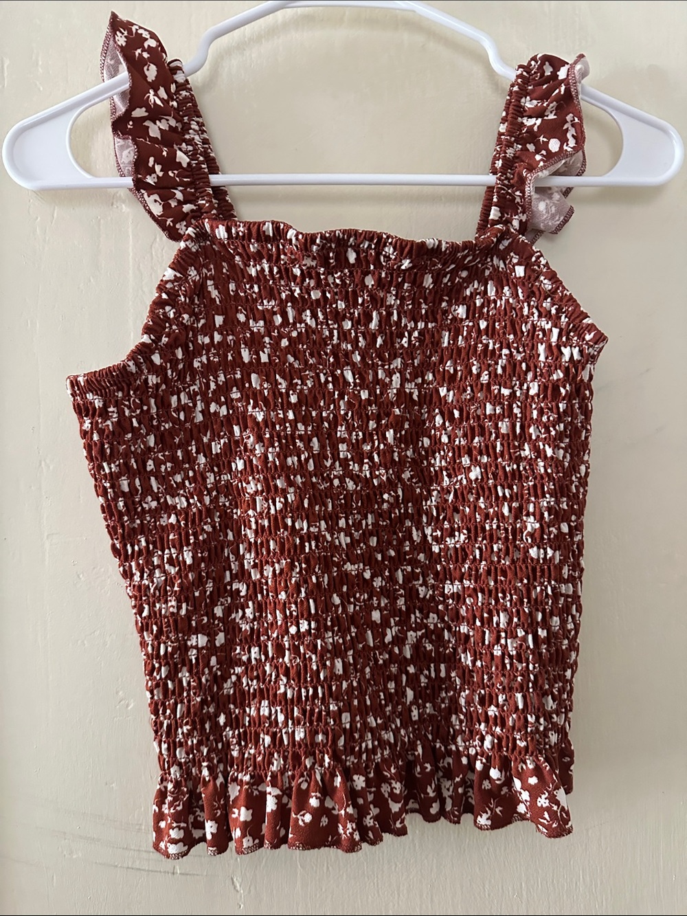 Ruffled Smocked Tank Top in Rust Floral